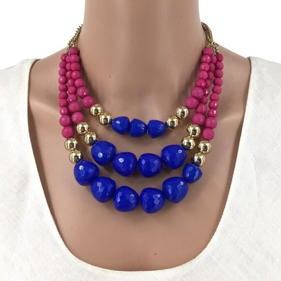 Triple Strand Necklace Pink Blue Gold Tone Beaded Statement Adjustable Length - Picture 1 of 2